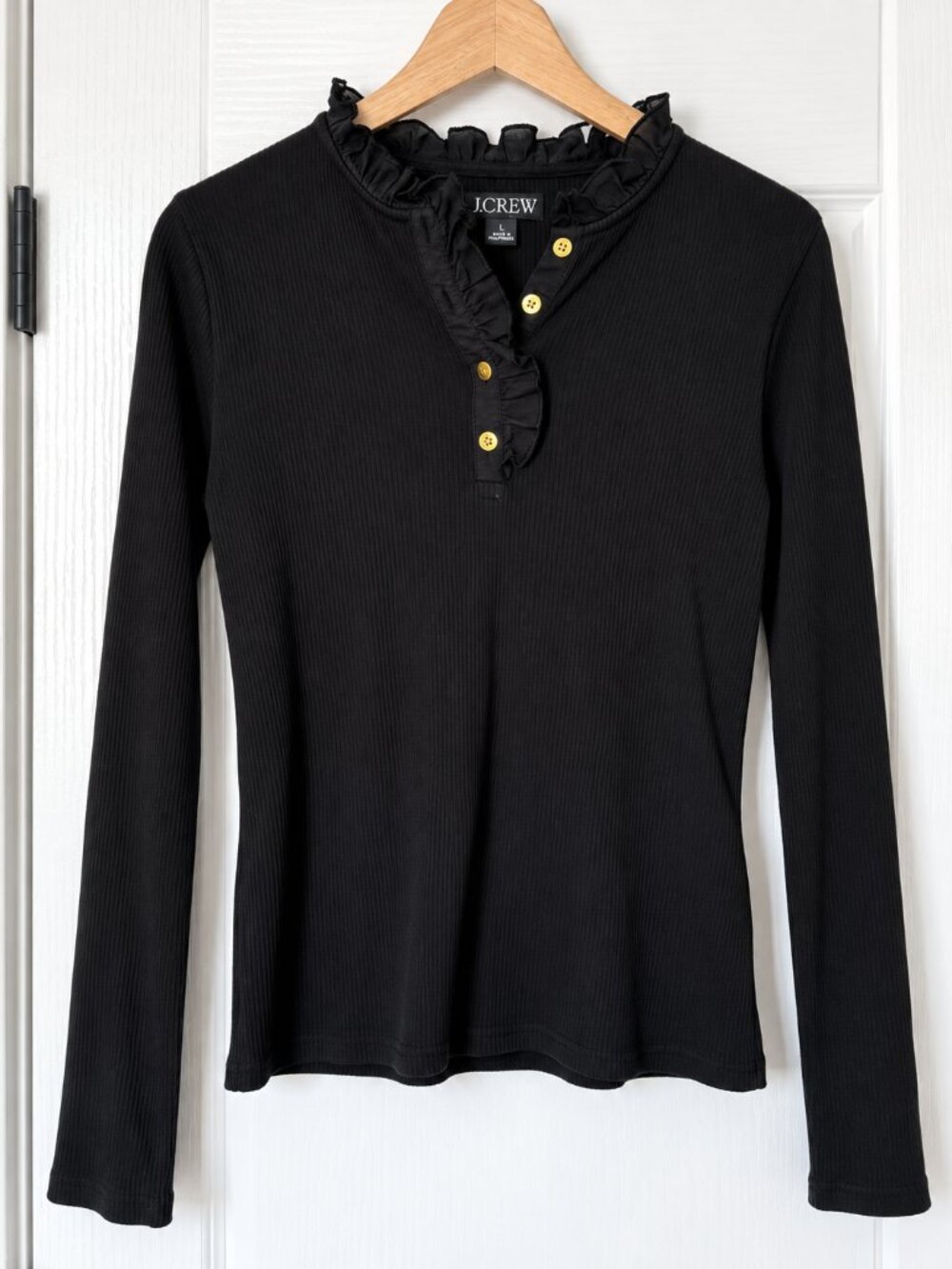 J.Crew Ruffle Collar Vintage Rib Henley Top Black L